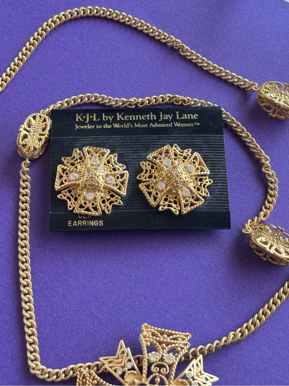 Kenneth Jay Lane Gold Filigree Cross Necklace & Earrings Set - Picture 5 of 6